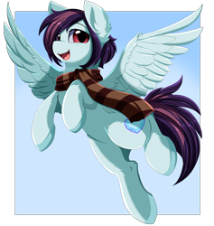 Size: 3509x3700 | Tagged: safe, artist:pridark, oc, oc only, pegasus, pony, clothes, cute, cutie mark, female, flying, happy, high res, mare, open mouth, patreon, patreon reward, pegasus oc, scarf, solo, wings