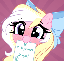 Size: 2434x2341 | Tagged: safe, artist:emberslament, oc, oc only, oc:bay breeze, pegasus, pony, blushing, bow, cute, daaaaaaaaaaaw, female, hair bow, happy, heart eyes, high res, looking at you, mare, mouth hold, ocbetes, paper, positive ponies, pun, wingding eyes