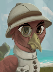 Size: 1280x1724 | Tagged: safe, artist:monx94, oc, oc only, griffon, equestria at war mod, angry, bust, button-up shirt, colonizer, dutch, eyebrows, hat, monocle, old, portrait, simple background, solo