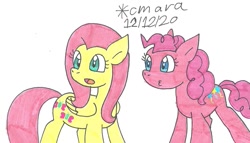 Size: 1343x767 | Tagged: safe, artist:cmara, fluttershy, pinkie pie, earth pony, pegasus, pony, g4, duo, female, mare, open mouth, simple background, traditional art, white background