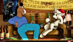 Size: 1250x725 | Tagged: safe, artist:jamescorck, oc, oc:movie slate, pony, unicorn, bojack horseman, bojack horseman (character), bottle, christmas, female, hat, holiday, mare, santa hat