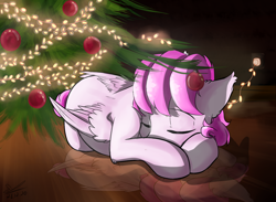 Size: 1410x1031 | Tagged: safe, artist:yuris, oc, oc only, oc:flutter cat, pegasus, pony, christmas, commission, folded wings, garland, holiday, pegasus oc, solo, tree, wings, ych result