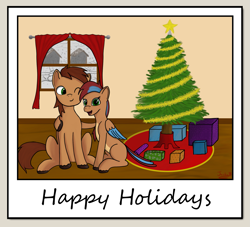 Size: 1827x1662 | Tagged: safe, alternate version, artist:jackieb, derpibooru exclusive, oc, oc only, oc:allegra mazarine, oc:red bark, bird, bird pone, earth pony, pegasus, pony, brown mane, christmas, christmas tree, closed eye, feathered tail, garland, gift art, green eyes, happy, holiday, hug, nuzzling, pair, present, red mane, request, secret santa, signature, sitting, snow, striped mane, text, tree, two toned wings, window, wings