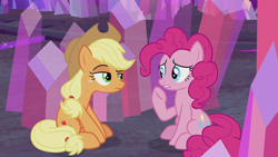 Size: 1920x1080 | Tagged: safe, screencap, applejack, pinkie pie, earth pony, pony, g4, hearthbreakers, applejack is not amused, female, mare, raised hoof, sitting, unamused