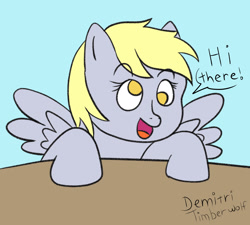Size: 3000x2700 | Tagged: safe, artist:demitri, derpy hooves, pegasus, pony, g4, cross-eyed, female, happy, high res, open mouth, signature, smiling, smiling at you, solo, speech bubble, text