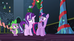 Size: 1920x1080 | Tagged: safe, screencap, spike, starlight glimmer, twilight sparkle, alicorn, dragon, pony, unicorn, a hearth's warming tail, g4, female, male, mare, twilight sparkle (alicorn), twilight's castle