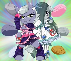 Size: 1480x1280 | Tagged: safe, artist:batipin, limestone pie, marble pie, earth pony, semi-anthro, g4, arm hooves, clothes, cosplay, costume, cure black, cure white, duo, floppy ears, hair over one eye, pretty cure