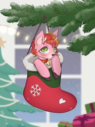 Size: 900x1200 | Tagged: safe, artist:lunarlacepony, oc, oc only, oc:plume fi, deer, pony, bell, bell collar, christmas, christmas tree, clothes, collar, deer oc, hearth's warming eve, holiday, present, socks, solo, tree