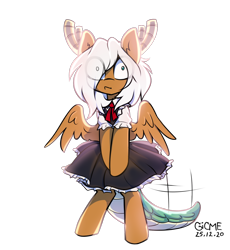 Size: 1518x1648 | Tagged: safe, alternate version, artist:gicme, oc, oc only, oc:viola pens, pegasus, pony, big eyes, bipedal, clothes, confused, cosplay, costume, cute, dragon tail, eye clipping through hair, horn, horns, maid, miss kobayashi's dragon maid, shrunken pupils, simple background, solo, transparent background, wide eyes
