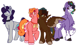 Size: 1700x1000 | Tagged: safe, artist:britebuck, oc, oc only, oc:lumis, oc:mapledrop, oc:peachy keen, oc:space chaser, earth pony, pegasus, pony, unicorn, simple background, transparent background