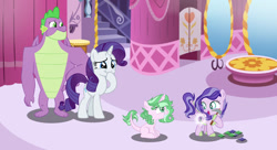 Size: 1024x556 | Tagged: safe, artist:sistervailory, rarity, spike, oc, oc:clarity, dracony, hybrid, g4, base used, description in comments, family, female, gigachad spike, interspecies, interspecies offspring, male, offspring, older, older spike, parent:rarity, parent:spike, parents:sparity, ship:sparity, shipping, straight