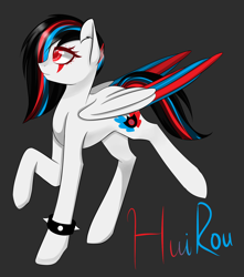 Size: 2300x2600 | Tagged: safe, artist:riariirii2, oc, oc only, oc:huirou lazuli, pegasus, pony, dark background, high res, pegasus oc, raised hoof, solo, spiked wristband, tattoo, wings, wristband