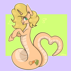 Size: 1024x1024 | Tagged: safe, oc, oc only, oc:carrot leah, lamia, original species, pony, snake, snake pony, unicorn, ear piercing, female, jewelry, mare, piercing, simple background, solo