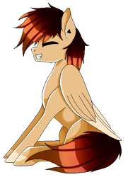 Size: 395x547 | Tagged: safe, artist:minelvi, oc, oc only, pegasus, pony, colored hooves, ear piercing, eyes closed, grin, pegasus oc, piercing, simple background, sitting, smiling, solo, transparent background, two toned wings, wings