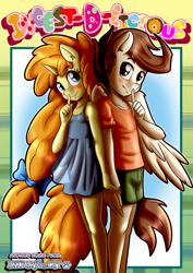 Size: 1860x2622 | Tagged: safe, artist:anibaruthecat, pound cake, pumpkin cake, human, pegasus, unicorn, anthro, comic:incest-d-licious, g4, blushing, bow, brother and sister, cake twins, cakecest, clothes, cute, dress, duo, female, hair bow, holding hands, horn, humanized, incest, looking at you, male, older, older pound cake, older pumpkin cake, ship:caketwincest, shirt, shorts, siblings, title, title page, twins, watermark, wings