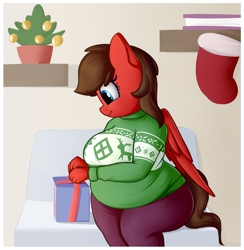 Size: 3164x3240 | Tagged: safe, artist:andelai, oc, oc:redbow rose, pegasus, anthro, anthro oc, bbw, chubby, clothes, fat, holiday, pegasus oc, present, sweater, wings