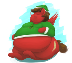 Size: 2500x2181 | Tagged: safe, artist:lupin quill, oc, oc only, oc:redbow rose, pegasus, pony, belly, belly squish, big belly, bingo wings, chubby cheeks, clothes, double chin, eyes closed, fat, holiday, huge belly, neck roll, obese, pegasus oc, squish, sweater, triple chin, wings