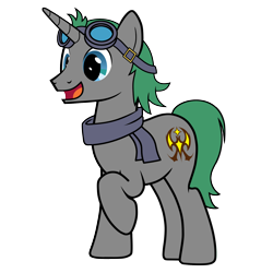 Size: 2048x2048 | Tagged: safe, artist:wptaimuty, oc, oc only, oc:steam shadow, pony, unicorn, 2021 community collab, derpibooru community collaboration, clothes, goggles, goggles on head, high res, male, raised hoof, scarf, simple background, smiling, solo, stallion, transparent background
