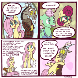 Size: 2048x2048 | Tagged: safe, artist:pfeffaroo, angel bunny, discord, fluttershy, gentle breeze, posey shy, draconequus, ferret, mouse, pegasus, pony, rabbit, squirrel, g4, 4 panel comic, animal, announcement, clothes, comic, dialogue, female, floppy ears, fluttershy's parents, folded wings, glasses, happy, heartwarming, high res, hug, jacket, male, mare, open mouth, ship:discoshy, shipping, sitting on head, smiling, speech bubble, stallion, straight, sweater, wings