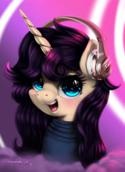 Size: 4045x5561 | Tagged: safe, artist:darksly, oc, oc only, oc:melody verve, pony, unicorn, bust, clothes, commission, digital art, female, headphones, portrait, simple background, smiling, solo, sweater