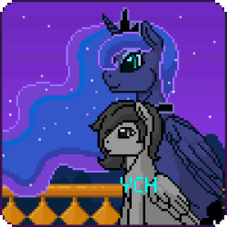 Size: 300x300 | Tagged: safe, artist:imreer, princess luna, oc, alicorn, pony, g4, animated, blinking, commission, duo, ethereal mane, female, gif, hug, jewelry, mare, night, outdoors, peytral, pixel art, smiling, starry mane, stars, tiara, winghug, your character here