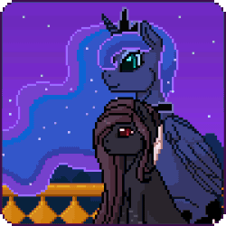 Size: 300x300 | Tagged: safe, artist:imreer, princess luna, oc, alicorn, earth pony, pony, g4, animated, blinking, commission, duo, earth pony oc, ethereal mane, female, gif, hug, jewelry, mare, night, outdoors, peytral, pixel art, starry mane, stars, tiara, winghug, ych result