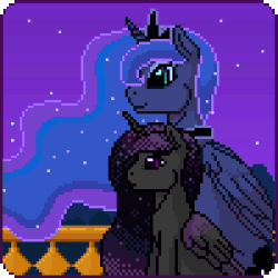 Size: 300x300 | Tagged: safe, artist:imreer, princess luna, oc, alicorn, pony, g4, alicorn oc, animated, blinking, commission, duo, ethereal mane, female, gif, glasses, horn, hug, jewelry, mare, night, outdoors, peytral, pixel art, starry mane, stars, tiara, winghug, wings, ych result