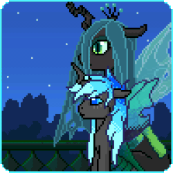 Size: 300x300 | Tagged: safe, artist:imreer, queen chrysalis, oc, oc:kryostasis, changeling, changeling queen, g4, animated, changeling queen oc, commission, duo, female, gif, night, outdoors, pixel art, stars, ych result