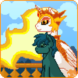 Size: 300x300 | Tagged: safe, artist:imreer, daybreaker, oc, oc:poison trail, alicorn, earth pony, pony, g4, animated, blinking, cloud, commission, duo, earth pony oc, female, gif, glasses, hug, jewelry, mane of fire, mare, outdoors, peytral, pixel art, tiara, winghug, ych result