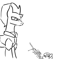 Size: 500x520 | Tagged: safe, artist:slamjam, tempest shadow, twilight sparkle, pony, unicorn, g4, broken horn, cheytac intervention, gun, horn, rifle, size difference, sniper, sniper rifle, squatpony, twiggie, weapon