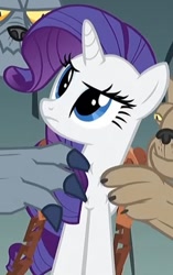 Size: 321x512 | Tagged: safe, edit, edited screencap, screencap, fido, rarity, spot, diamond dog, a dog and pony show, g4, chains, cropped, harness, out of context, rarity is a marshmallow, squishy, tack