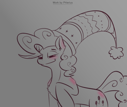 Size: 2500x2100 | Tagged: safe, artist:phlerius, pinkie pie, earth pony, pony, g4, black and white, digital art, grayscale, hat, high res, monochrome, solo