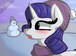 Size: 2700x2000 | Tagged: safe, artist:phlerius, rarity, pony, unicorn, g4, clothes, digital art, hat, high res, scarf, snowman, solo, winter, winter hat