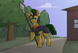 Size: 3800x2600 | Tagged: safe, artist:phlerius, oc, oc only, pony, unicorn, digital art, forest, guard, high res, solo, spear, weapon