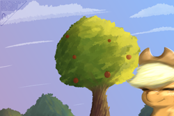 Size: 3000x2000 | Tagged: safe, artist:phlerius, applejack, earth pony, pony, g4, apple, apple tree, digital art, eyes closed, food, forest, high res, smiling, solo, tree, wood
