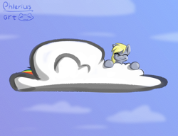 Size: 2600x2000 | Tagged: safe, artist:phlerius, derpy hooves, rainbow dash, pegasus, pony, g4, cloud, cute, digital art, duo, eyes closed, high res, on a cloud, sky, smiling, tail