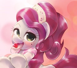 Size: 2048x1819 | Tagged: safe, artist:kurogewapony, cherry jubilee, earth pony, pony, g4, blushing, bust, cherry, female, food, looking at you, mare, rerorero, solo, tongue out, twitter link