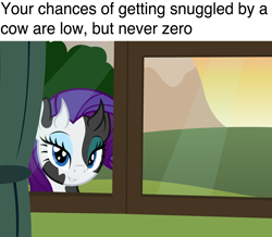 Size: 1932x1686 | Tagged: safe, artist:badumsquish, derpibooru exclusive, rarity, cow, cow pony, pony, g4, bedroom eyes, cowified, curtains, eyes on the prize, eyeshadow, female, imma snuggle you, looking at you, makeup, mare, meme, ponified animal photo, raricow, show accurate, smiling, smirk, solo, species swap, sunset, this will end in snuggles, window, your chances are low but never zero