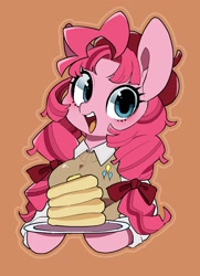 Size: 1084x1494 | Tagged: safe, artist:potetecyu_to, pinkie pie, earth pony, anthro, g4, alternate hairstyle, arm hooves, beret, breasts, brown background, bust, clothes, cute, cutie mark, cutie mark on clothes, diapinkes, female, food, hat, open mouth, pancakes, plate, simple background, solo, sweater vest