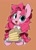 Size: 1084x1494 | Tagged: safe, artist:potetecyu_to, pinkie pie, earth pony, anthro, g4, alternate hairstyle, arm hooves, beret, breasts, brown background, bust, clothes, cute, cutie mark, cutie mark on clothes, diapinkes, female, food, hat, open mouth, pancakes, plate, simple background, solo, sweater vest