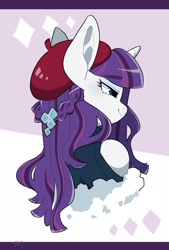 Size: 1300x1920 | Tagged: safe, artist:potetecyu_to, rarity, semi-anthro, g4, alternate hairstyle, beatnik rarity, beret, bust, clothes, cute, cutie mark accessory, female, hat, profile, raribetes, shoulderless, solo, sweater, turtleneck