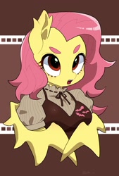 Size: 1300x1920 | Tagged: safe, artist:potetecyu_to, fluttershy, bat pony, anthro, g4, arm hooves, bat ponified, breasts, bust, chestbreasts, clothes, cutie mark, cutie mark on clothes, fangs, female, flutterbat, open mouth, race swap, solo