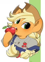 Size: 1300x1805 | Tagged: safe, artist:potetecyu_to, applejack, earth pony, semi-anthro, g4, apple, arm hooves, braid, bust, clothes, cute, cutie mark, cutie mark on clothes, eating, food, herbivore, jackabetes, open mouth, overalls, solo