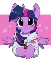 Size: 1300x1556 | Tagged: safe, artist:potetecyu_to, twilight sparkle, alicorn, pony, semi-anthro, g4, abstract background, arm hooves, clothes, coat, cute, cutie mark, cutie mark on clothes, female, looking at you, mare, small wings, smiling, solo, twiabetes, twilight sparkle (alicorn), wings, winter outfit
