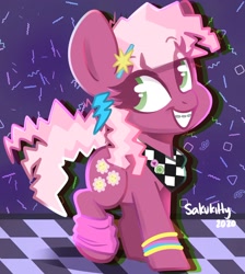 Size: 2080x2321 | Tagged: safe, artist:sakukitty, cheerilee, earth pony, pony, g4, 80s, 80s cheerilee, bandana, bangles, braces, cheeribetes, cute, high res, leg warmers, smiling, solo, younger