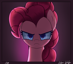 Size: 2500x2200 | Tagged: safe, artist:opal_radiance, pinkie pie, earth pony, pony, g4, angry, bust, dark, female, frown, high res, it is on, looking at you, mare, pinkie pie is not amused, pinkie promise, portrait, signature, solo, this will end in cupcakes, unamused