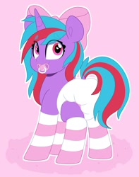 Size: 1610x2048 | Tagged: safe, artist:duckie, oc, oc only, oc:cosmic spark, pony, unicorn, abdl, adult foal, bow, clothes, cute, diaper, diaper fetish, fetish, hair bow, looking at you, looking back, non-baby in diaper, ocbetes, pacifier, poofy diaper, socks, solo, striped socks