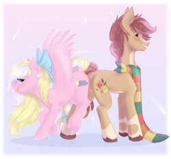 Size: 2000x1856 | Tagged: safe, artist:kawipie, oc, oc only, oc:bay breeze, oc:pitch kritter pine, earth pony, pegasus, pony, blaze (coat marking), blushing, bow, butt bump, butt to butt, butt touch, clothes, coat markings, cute, duo, facial markings, female, hair bow, looking at each other, male, mare, pinebreeze, scarf, shipping, socks (coat markings), stallion, tail bow, unshorn fetlocks