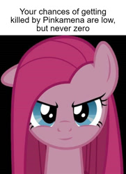 Size: 892x1230 | Tagged: safe, pinkie pie, g4, black background, caption, evil smirk, looking at you, meme, pinkamena diane pie, ron the death eater, simple background, smiling, smirk, text, this will end in cupcakes, this will not end well, uh oh, your chances are low but never zero
