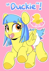 Size: 1397x2048 | Tagged: safe, alternate version, artist:duckie, oc, oc:bubble "duckie" bath, duck pony, pegasus, pony, abdl, adult foal, alternate design, diaper, eyebrows, eyebrows visible through hair, hairclip, hooves, non-baby in diaper, reference sheet, rubber duck